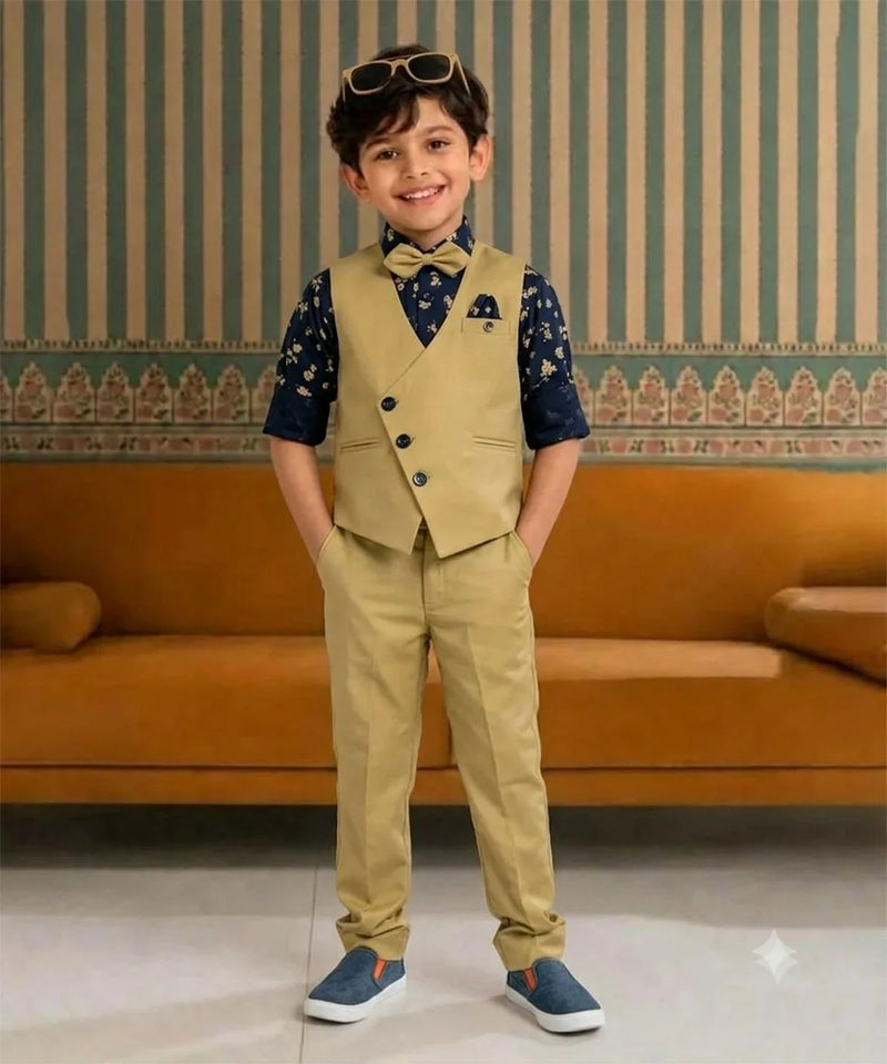 Light Green Color Waist Coat Set With Navy Printed Shirt for Boys | Jaipur