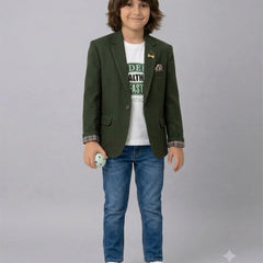 Bottle Green Party Wear Blazer with White Round Neck T-Shirt | Jaipur