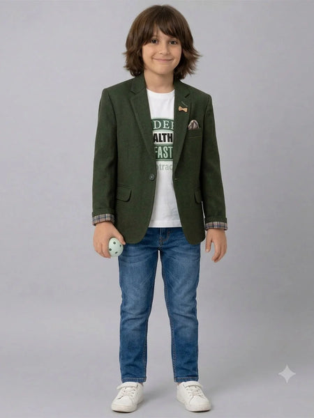 Bottle Green Party Wear Blazer with White Round Neck T-Shirt | Jaipur
