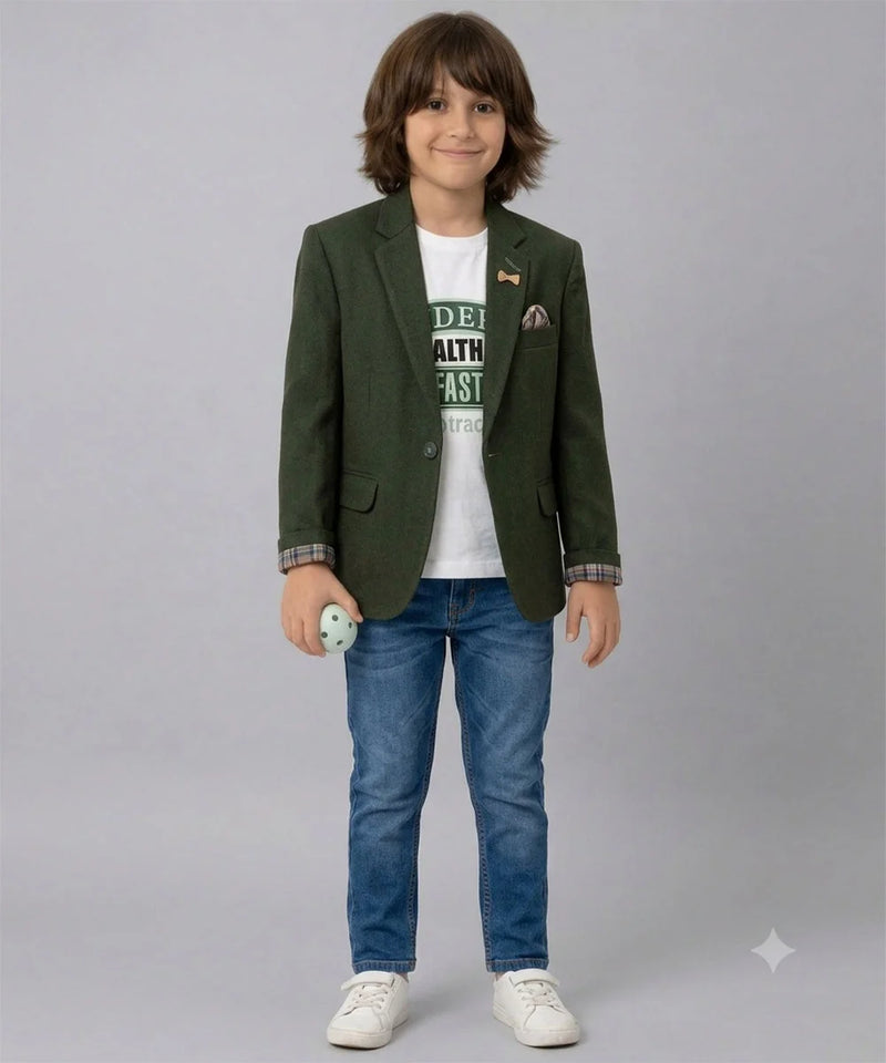 Bottle Green Party Wear Blazer with White Round Neck T-Shirt | Jaipur