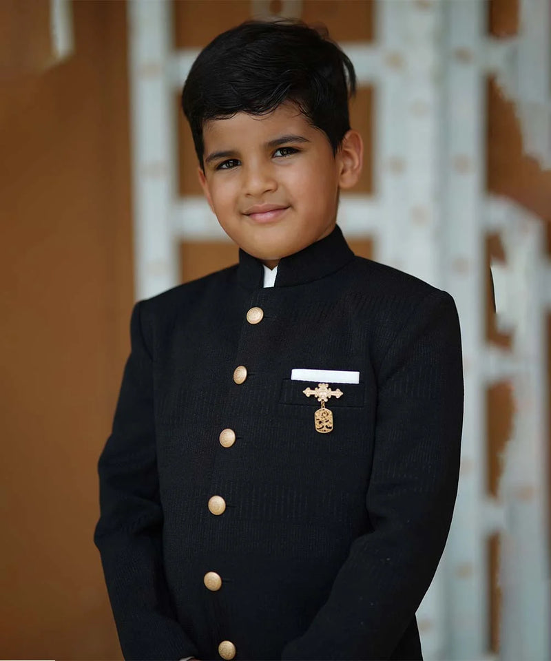Stylish boys black achkan set, soft blend fabric, Jaipur fashion store