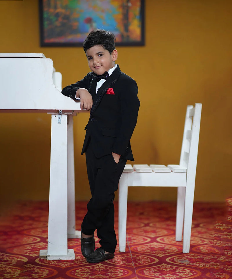 Designer boys black coat suit with sequin detailing Jaipur wedding
