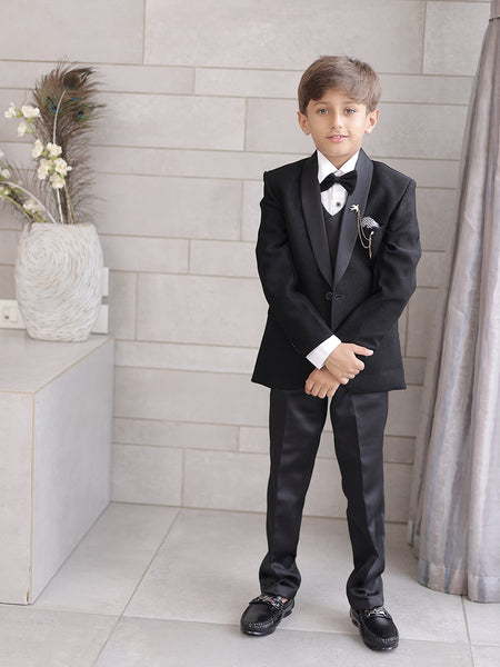 Boys wedding tuxedo set black coat suit Jaipur designer kidswear