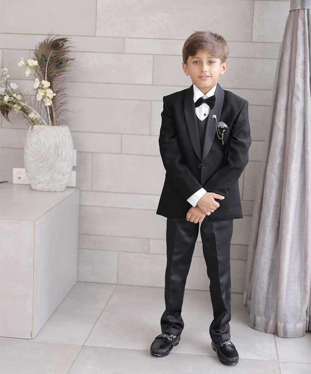 Boys wedding tuxedo set black coat suit Jaipur designer kidswear