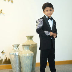 Partywear black boys tuxedo coat pant set with lion details Jaipur store