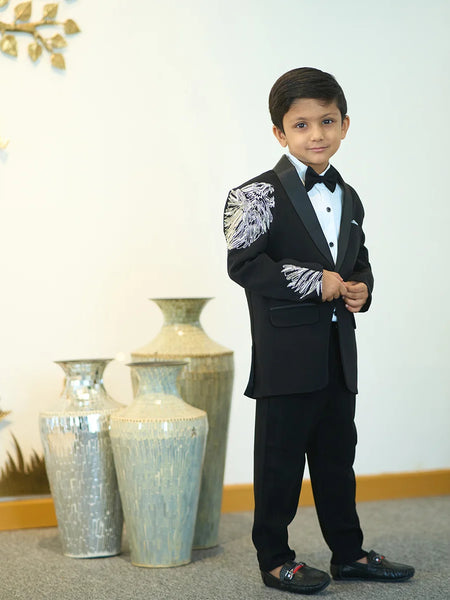 Partywear black boys tuxedo coat pant set with lion details Jaipur store