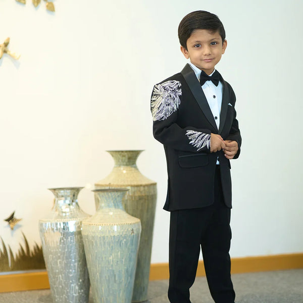 Partywear black boys tuxedo coat pant set with lion details Jaipur store