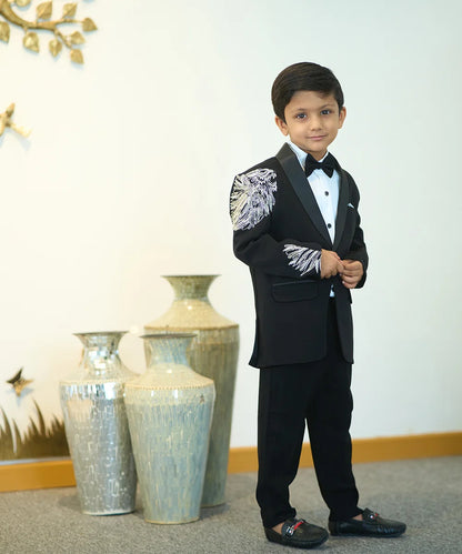Partywear black boys tuxedo coat pant set with lion details Jaipur store