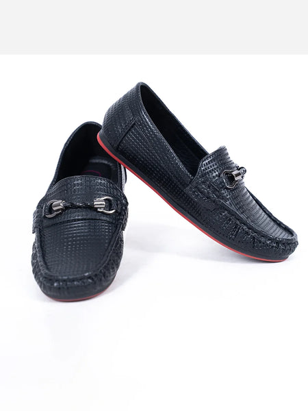 Kids' black woven loafers with designer horsebit buckle and red sole, Jaipur