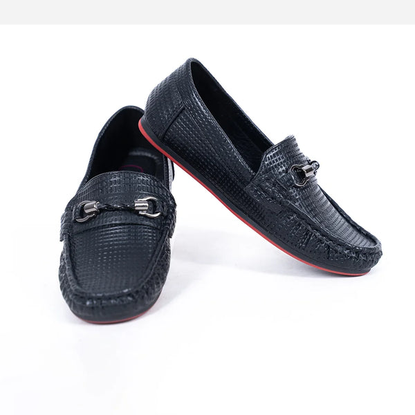 Kids' black woven loafers with designer horsebit buckle and red sole, Jaipur