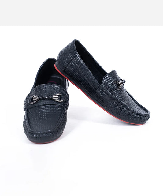 Kids' black woven loafers with designer horsebit buckle and red sole, Jaipur
