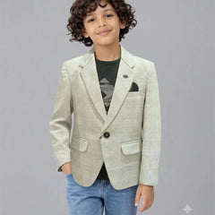 Greyish-White Check-Textured Blazer with a Black T-Shirt for Boys | Jaipur