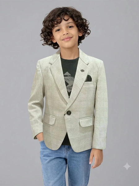 Greyish-White Check-Textured Blazer with a Black T-Shirt for Boys | Jaipur