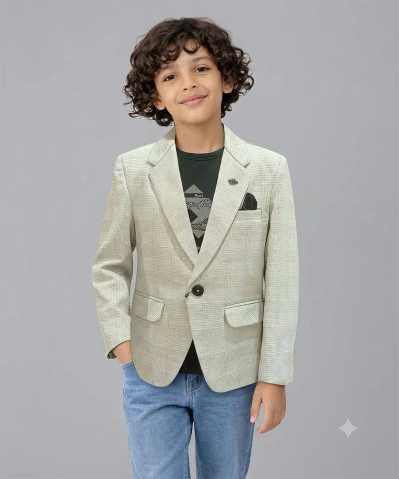 Greyish-White Check-Textured Blazer with a Black T-Shirt for Boys | Jaipur