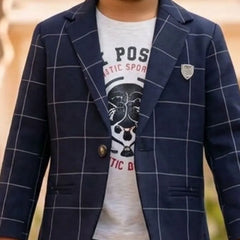Boys Navy Blue Checkered Formal Blazer Suit | Jaipur
