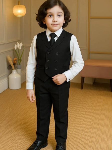 Young boy in a formal black suit standing in a room with decorative elements.