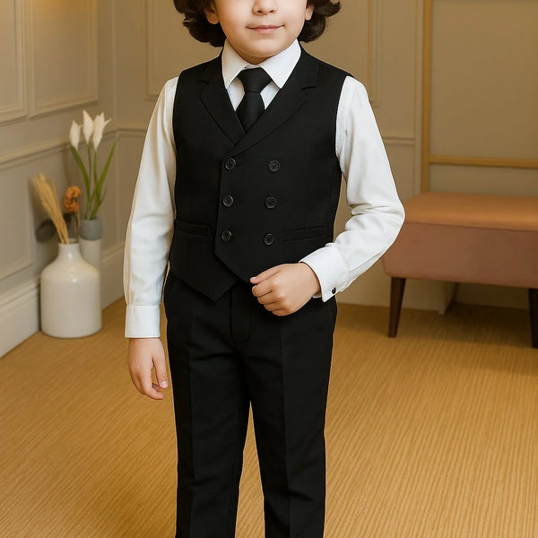 Young boy in a formal black suit standing in a room with decorative elements.