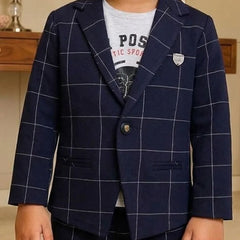 Boys Navy Blue Checkered Formal Blazer Suit | Jaipur