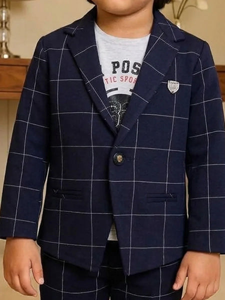 Boys Navy Blue Checkered Formal Blazer Suit | Jaipur