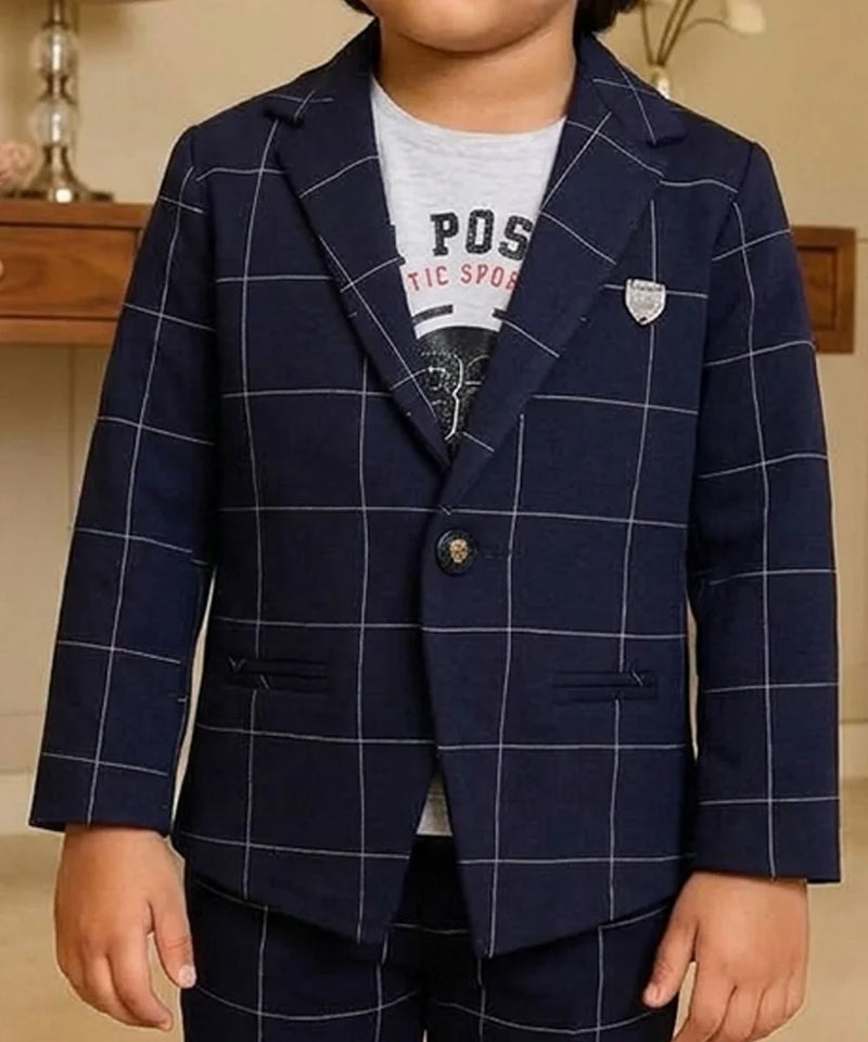 Boys Navy Blue Checkered Formal Blazer Suit | Jaipur
