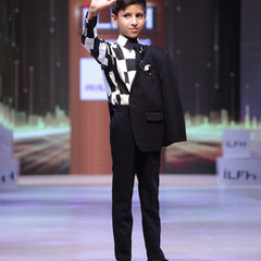 party wear chessboard pattern printed shirt with black coat pants & a tie 