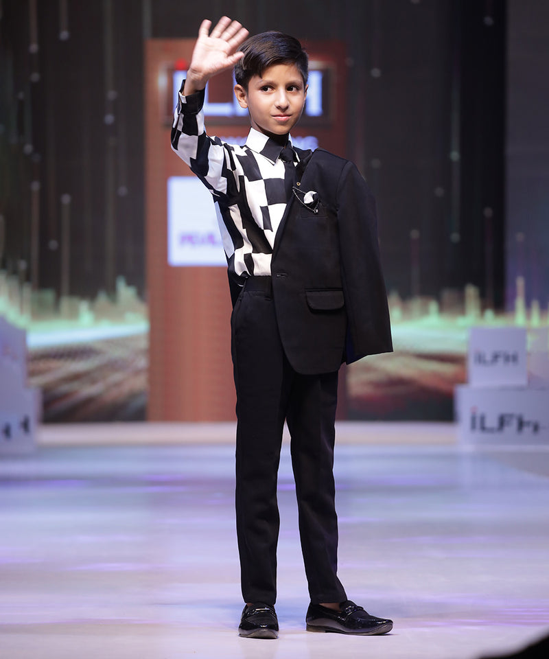 party wear chessboard pattern printed shirt with black coat pants & a tie 