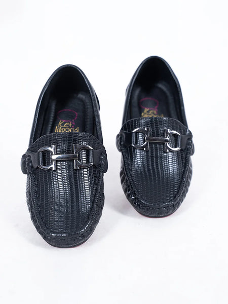 Boys' designer black loafers featuring textured finish and polished buckle, Jaipur