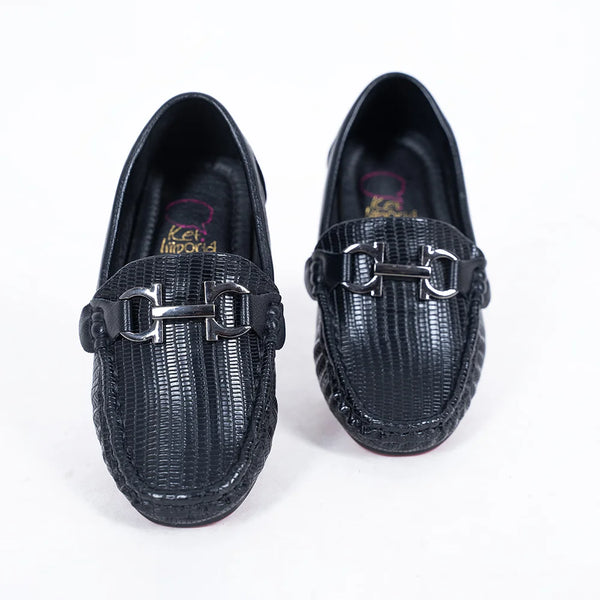 Boys' designer black loafers featuring textured finish and polished buckle, Jaipur
