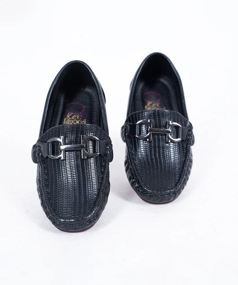 Boys' designer black loafers featuring textured finish and polished buckle, Jaipur