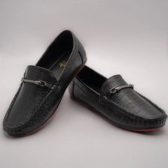 Boys' designer black moccasins featuring crocodile pattern and buckle detail, Jaipur
