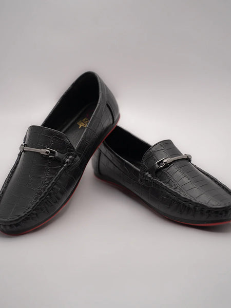 Boys' designer black moccasins featuring crocodile pattern and buckle detail, Jaipur