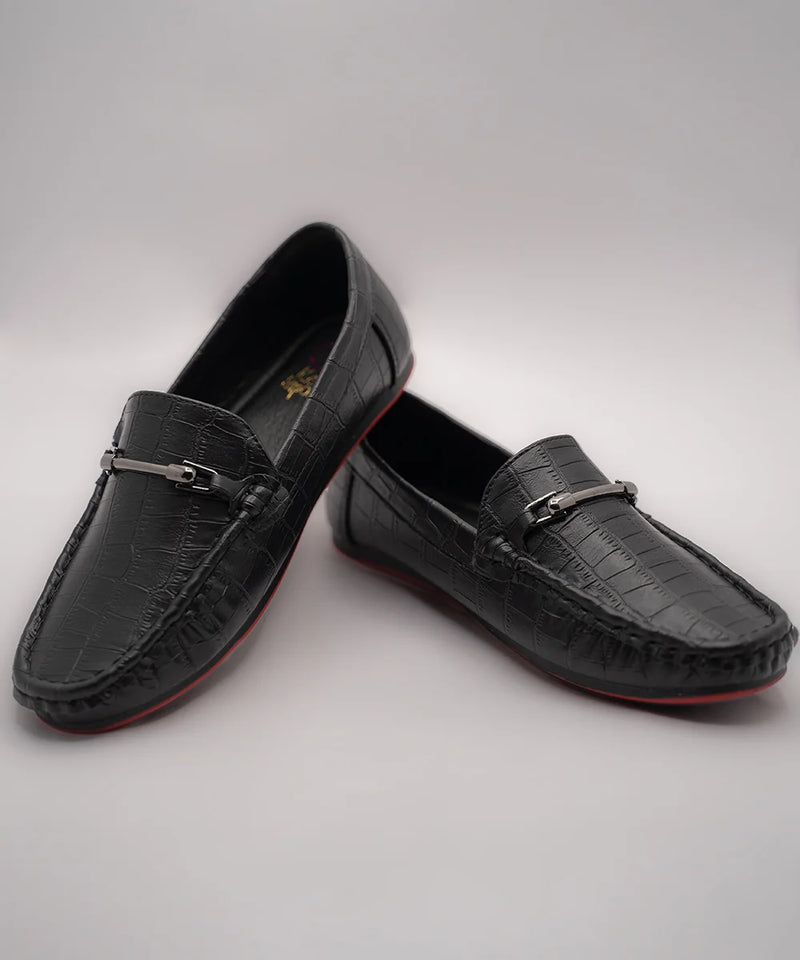 Boys' designer black moccasins featuring crocodile pattern and buckle detail, Jaipur