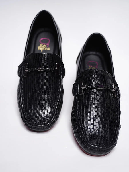 Boys' designer black moccasins featuring embossed pattern and stylish buckle, Jaipur