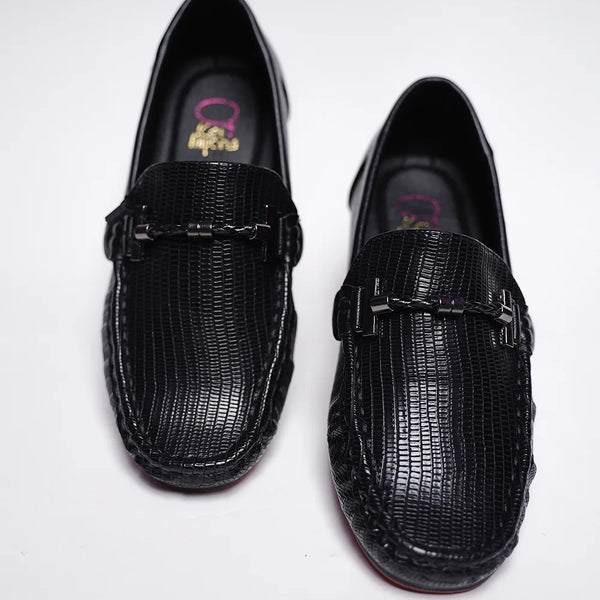 Boys' designer black moccasins featuring embossed pattern and stylish buckle, Jaipur
