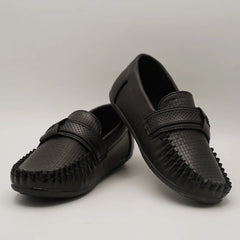 Boys' designer black slip-on moccasins featuring textured pattern and soft lining, Jaipur