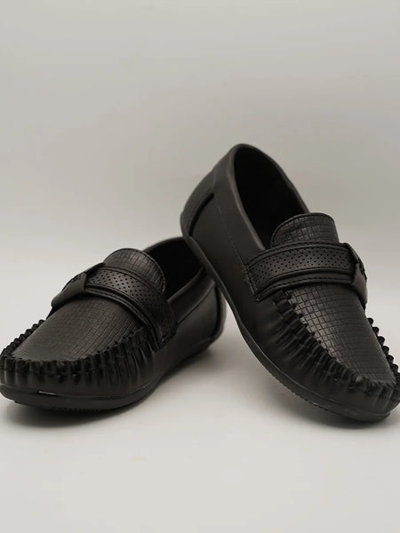 Boys' designer black slip-on moccasins featuring textured pattern and soft lining, Jaipur