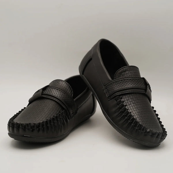 Boys' designer black slip-on moccasins featuring textured pattern and soft lining, Jaipur