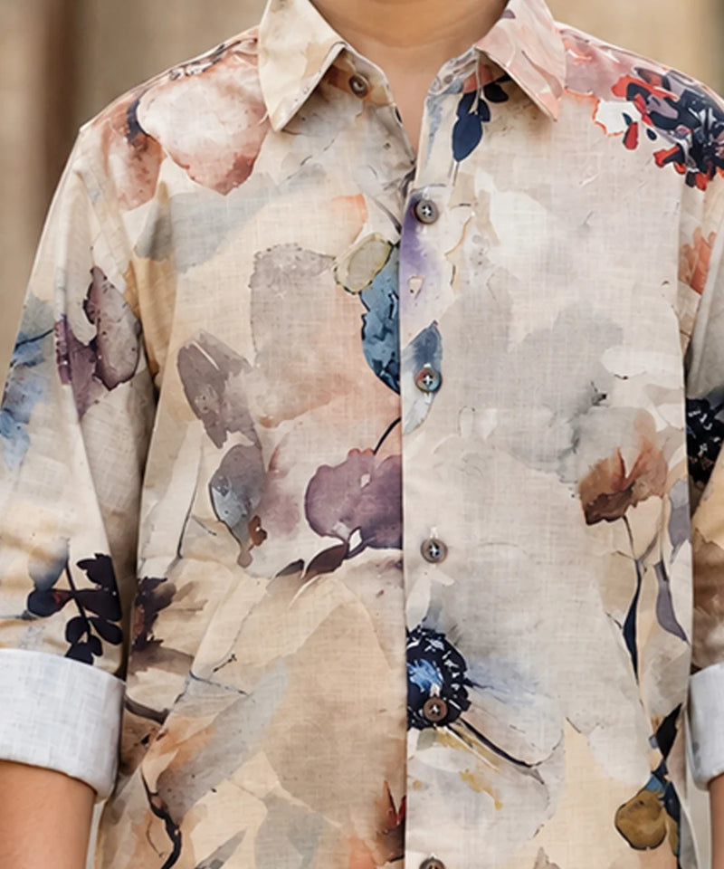 Boys Cream Printed Shirt For Party