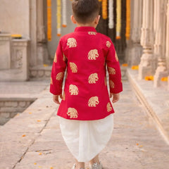 Child wearing a red traditional outfit with gold elephant patterns in an outdoor setting.