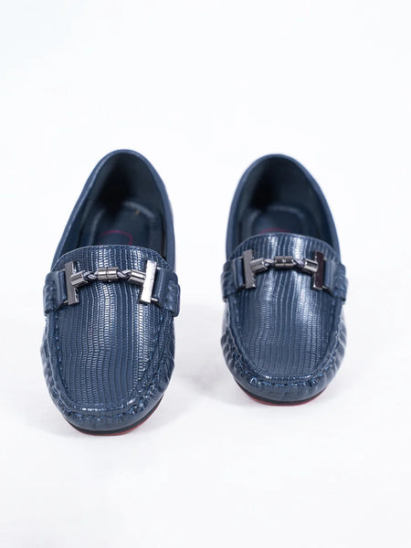 Boys' designer navy loafers featuring embossed finish and polished buckle, Jaipur