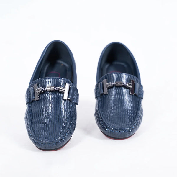 Boys' designer navy loafers featuring embossed finish and polished buckle, Jaipur