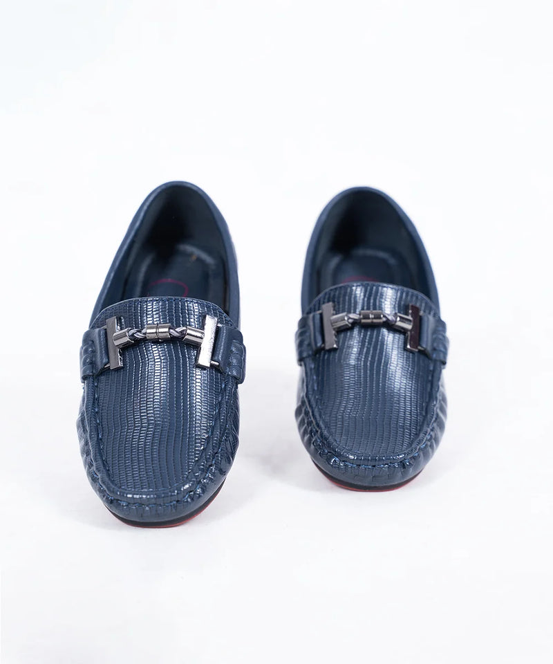 Boys' designer navy loafers featuring embossed finish and polished buckle, Jaipur