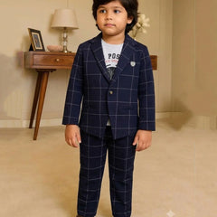 Boys Navy Blue Checkered Formal Blazer Suit | Jaipur