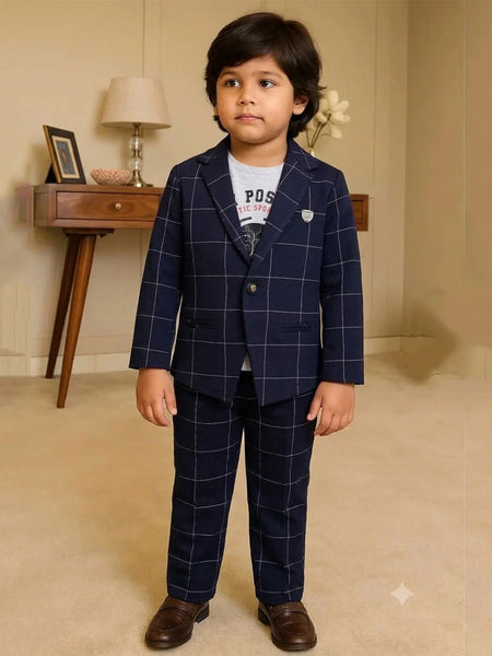 Boys Navy Blue Checkered Formal Blazer Suit | Jaipur