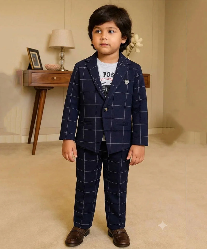 Boys Navy Blue Checkered Formal Blazer Suit | Jaipur