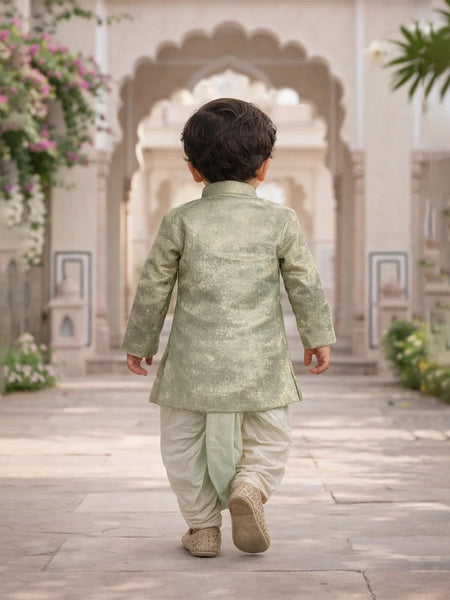 Child in a traditional outfit walking away in an ornate courtyard