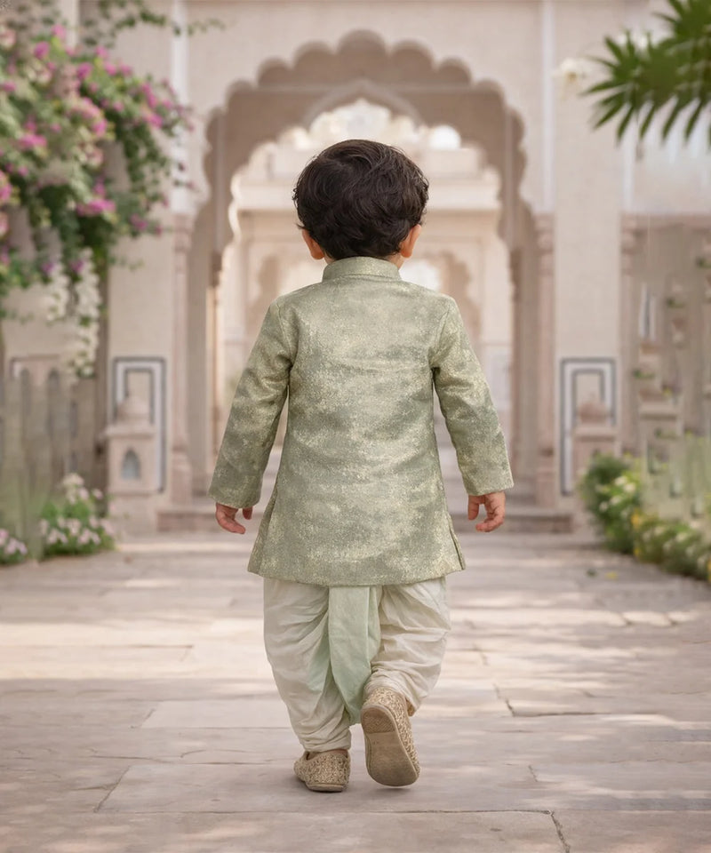 Child in a traditional outfit walking away in an ornate courtyard