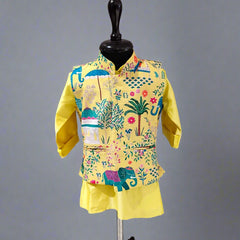 A yellow kurta pyjama jacket set for kids with a printed design, displayed on a mannequin.