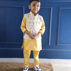 Yellow boys dhoti kurta set with matching waistcoat for weddings, Jaipur