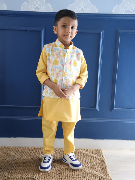 Yellow boys dhoti kurta set with matching waistcoat for weddings, Jaipur